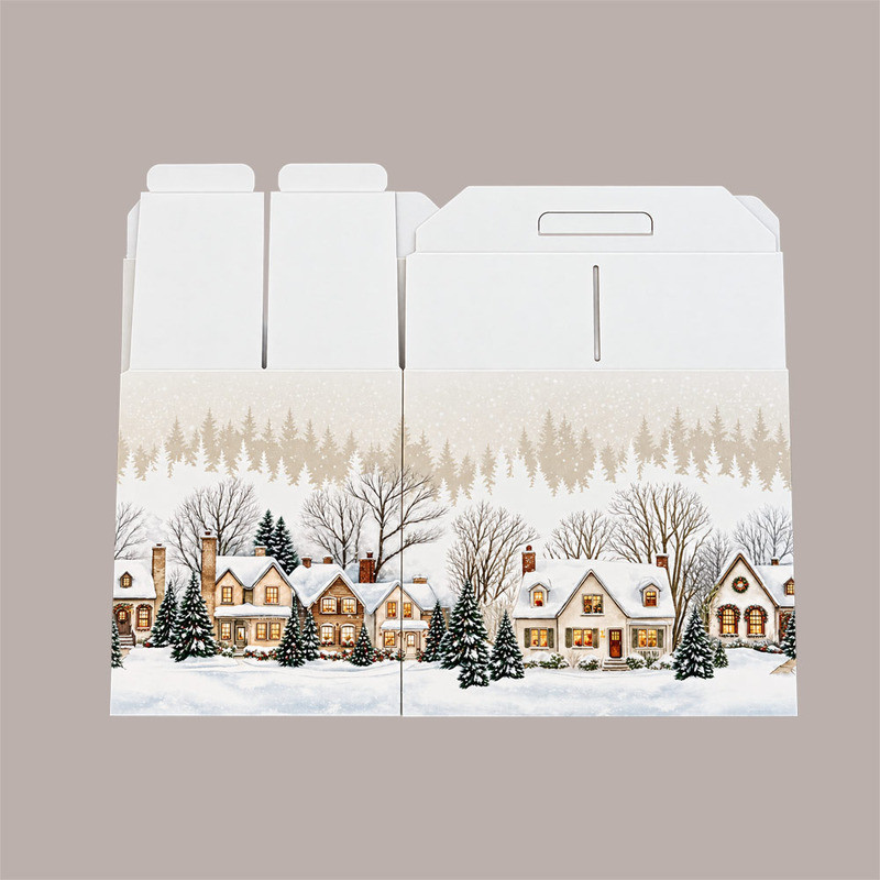 Scatola Porta Panettone Bottiglia Valigetta in Cartoncino grafica CHRISTMAS VILLAGE 33x25H35 cm 10 Pz [8e0116c6]