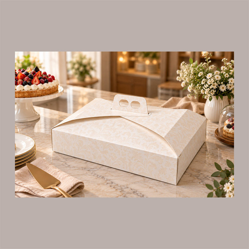 Scatola Porta Torta Bianco Damasco 31x42H7 cm in Cartoncino Alimentare con Maniglia 10 Pz [c08c8386]