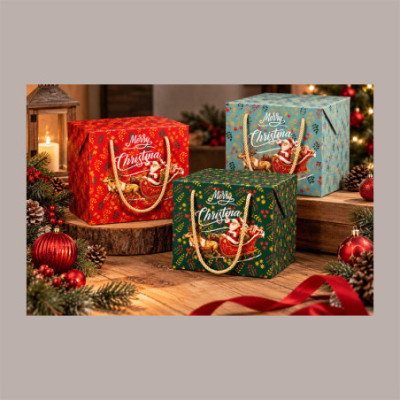 Porta Panettone Bag Box BABBO NATALE Colori Assortiti con Manici in Cotone e Fondo Largo 24x24H20 cm 12 Pz [04260c63]