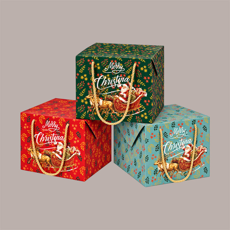 Porta Panettone Bag Box BABBO NATALE Colori Assortiti con Manici in Cotone e Fondo Largo 24x24H20 cm 12 Pz [dd004f6e]