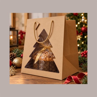 Shopper Porta Panettone AVANA CHRISTMAS con Finestra Trasparente ad Albero di Natale 245x245H335 mm 10 Pz [9f38b665]