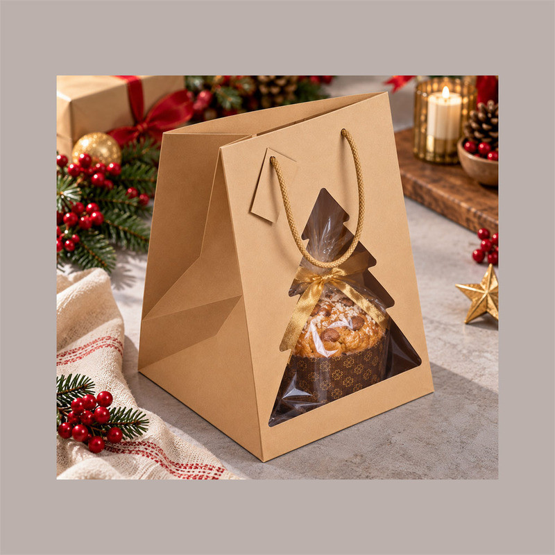 Shopper Porta Panettone AVANA CHRISTMAS con Finestra Trasparente ad Albero di Natale 245x245H335 mm 10 Pz [f103346c]